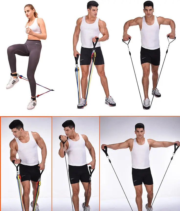 Six people use Portable Fitness Rally bands for strength training: a woman steps up on a band, while a man shows arm and shoulder exercises. All wear athletic gear and use colorful resistance bands.