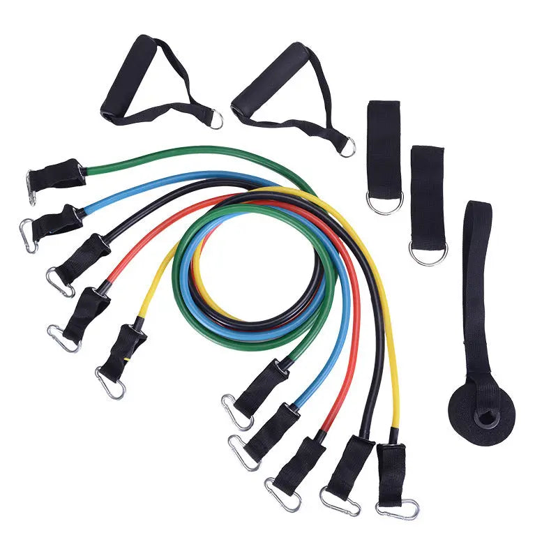 The Portable Fitness Rally includes colorful elastic bands with metal clips, two black handles, two D-ring ankle straps, and a door anchor for strength training, all displayed on a white background.