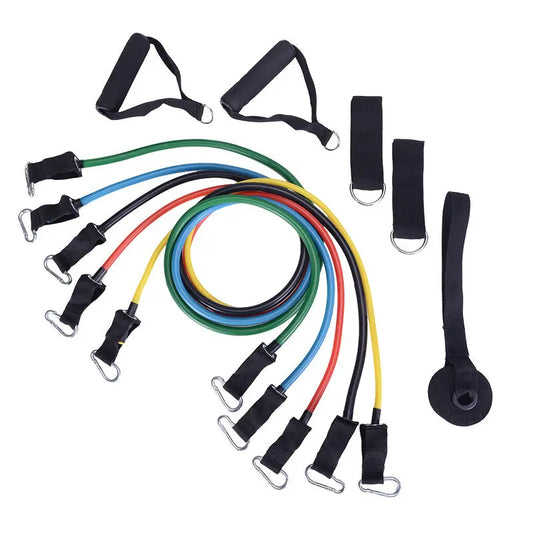 The Portable Fitness Rally includes colorful elastic bands with metal clips, two black handles, two D-ring ankle straps, and a door anchor for strength training, all displayed on a white background.