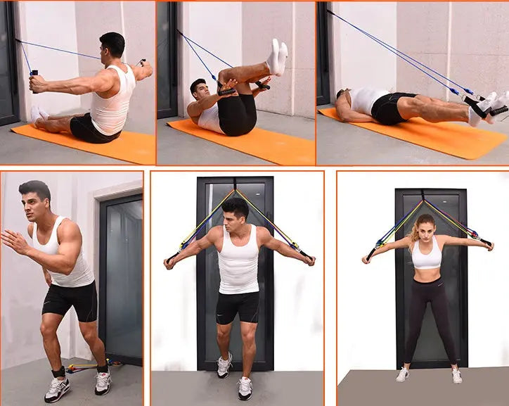 Three men and one woman demonstrate strength training with the Portable Fitness Rally, performing exercises like seated crunches, lying leg raises, chest presses, and standing chest flys using elastic bands anchored to a door.