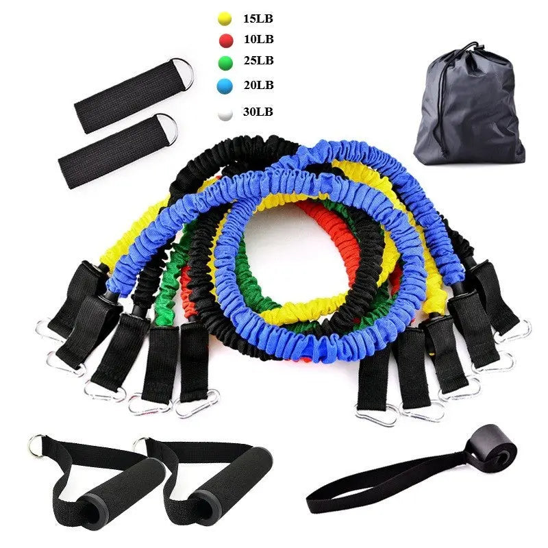 The Portable Fitness Rally includes five color-coded bands with clips, two black handles, ankle straps, a door anchor, and a carrying bag—ideal for versatile strength training at home or the gym.