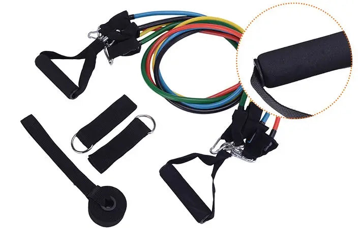 The Portable Fitness Rally set includes colorful bands with foam handles, ankle straps, a door anchor, and a metal D-ring, all shown on a white background. A close-up of the foam handle highlights its use in strength training routines.