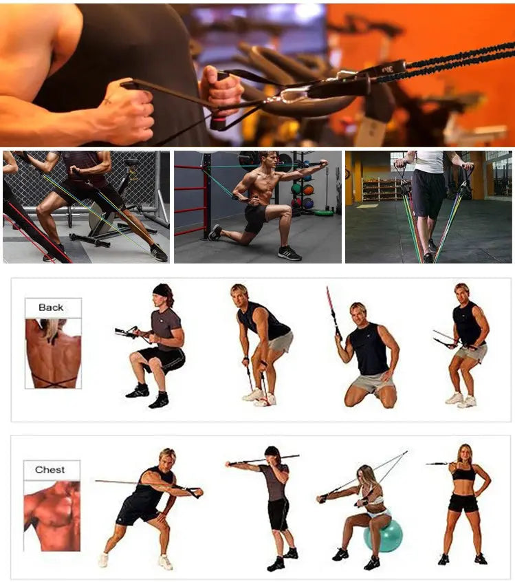 A collage features people using the Portable Fitness Rally for arm, chest, back, and leg exercises, with close-up and full-body shots that demonstrate different strength training techniques.