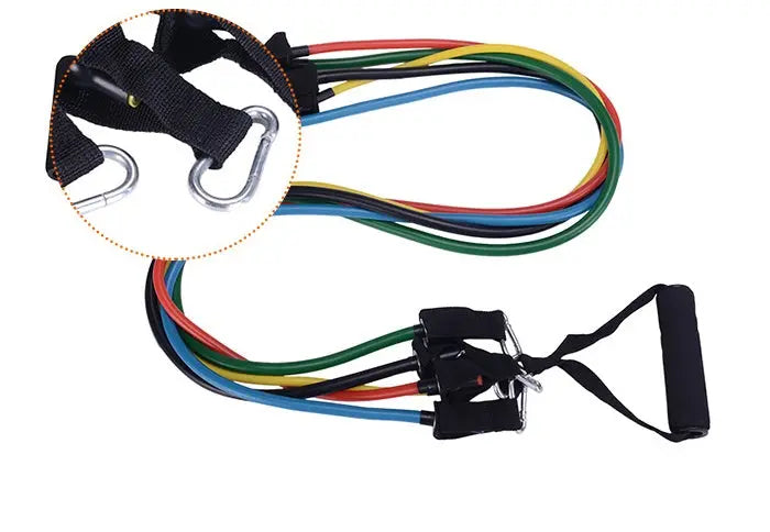 The Portable Fitness Rally includes five elastic bands in red, yellow, blue, green, and black with black handles and metal hooks. An inset shows the strap attachment, ideal for strength training at home or on the go.
