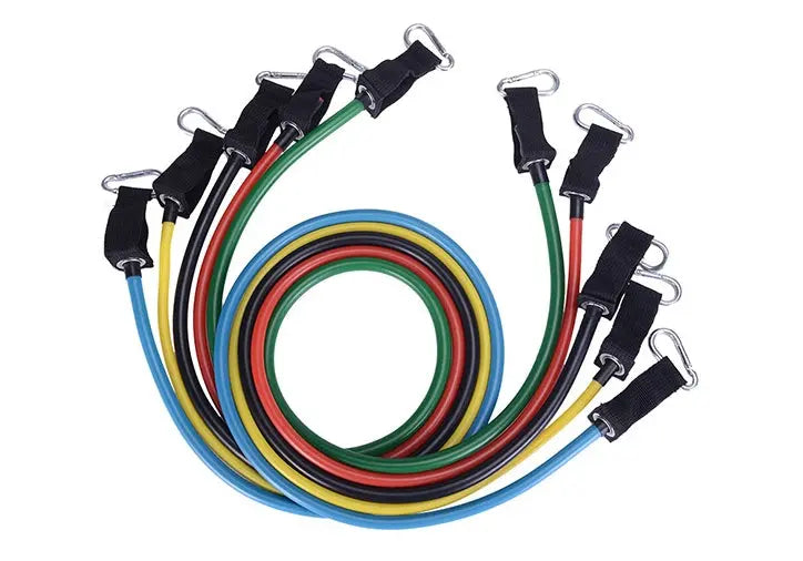 The Portable Fitness Rally includes five elastic bands—blue, green, yellow, red, and black—with metal hooks and black straps at both ends, arranged in a spiral for versatile strength training workouts.