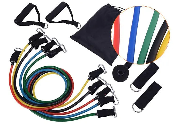 The Portable Fitness Rally set includes colorful elastic bands with handles, ankle straps, and a black carrying pouch. Ideal for strength training, the resistance bands come in red, blue, green, yellow, and black.