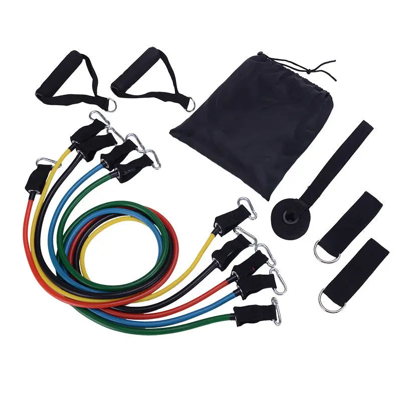 Portable Fitness Rally includes colorful elastic bands with handles, metal clips, ankle straps, a door anchor, and a black drawstring bag—perfect for versatile strength training at home or on the go.
